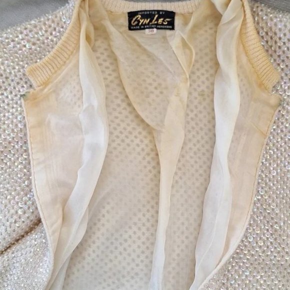 Vintage 1950s Cyn Les Beaded 3/4 Sleeve Cardigan, Cream - Picture 8 of 12